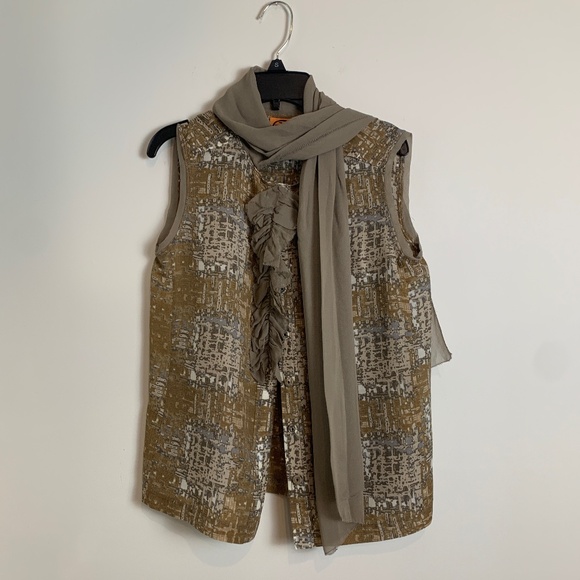 Tory Burch Tops - Tory Burch Green Brown Grey Ruffle Button Down Tie Neck Sleeveless Top Silk 0